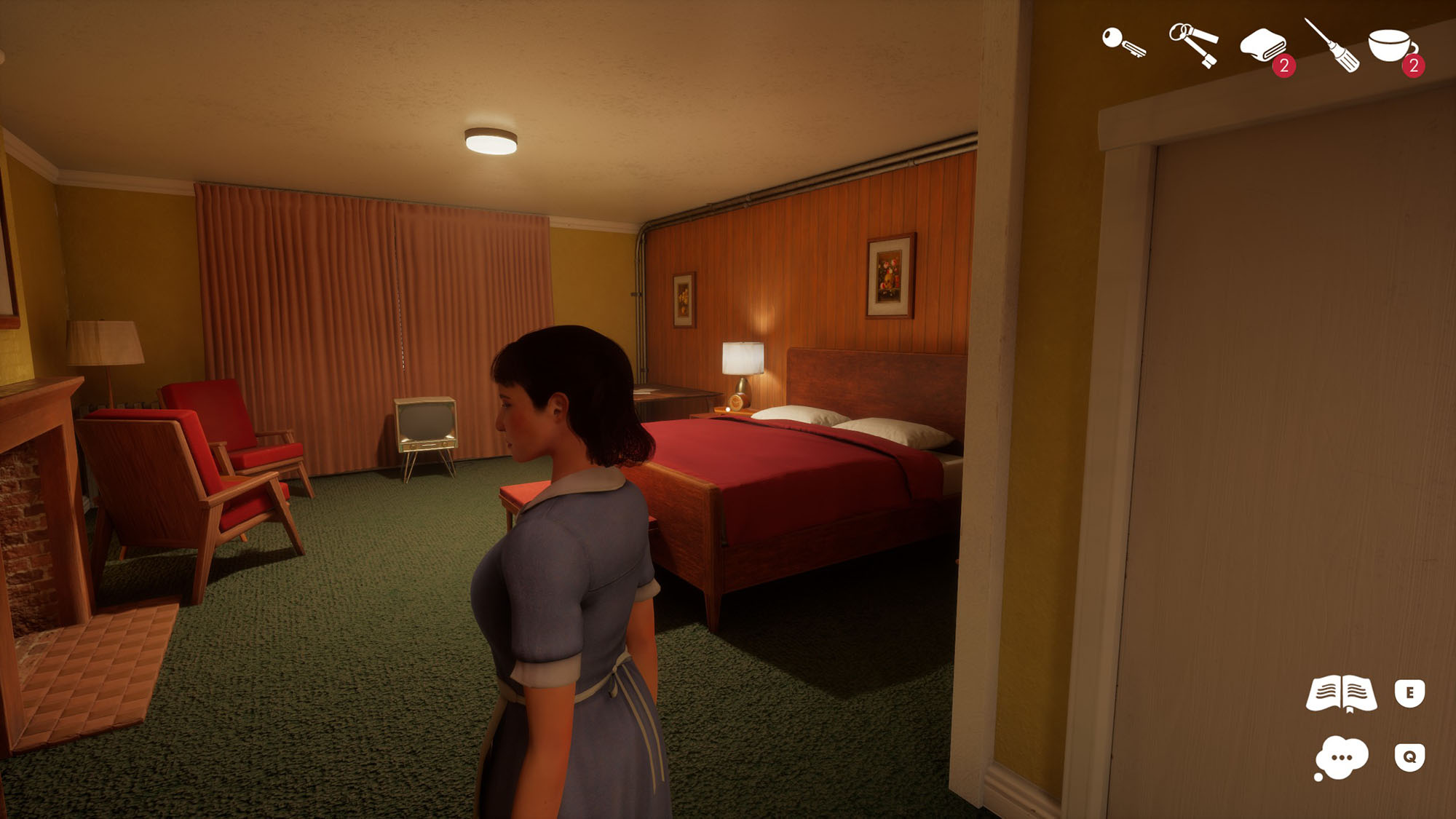 Der Screenshot aus dem Spiel This Bed We Made zeigt ein Zimmer des Hotels, in dem es spielt.